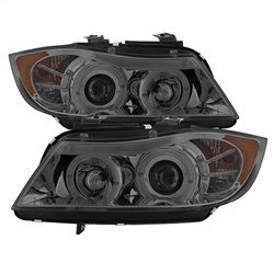 ( Spyder ) - 4DR Projector Headlights - LED Halo - Amber Reflector - Replaceable Eyebrow Bulb - Smoke- High H1 (Included) - Low H7 (Included)