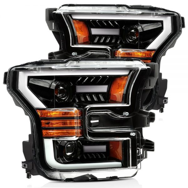 15-17 Ford F-150 17-20 Ford F-150 Raptor Projector Headlights Plank Style Design Gloss Black w/ Activation Sequential Signal